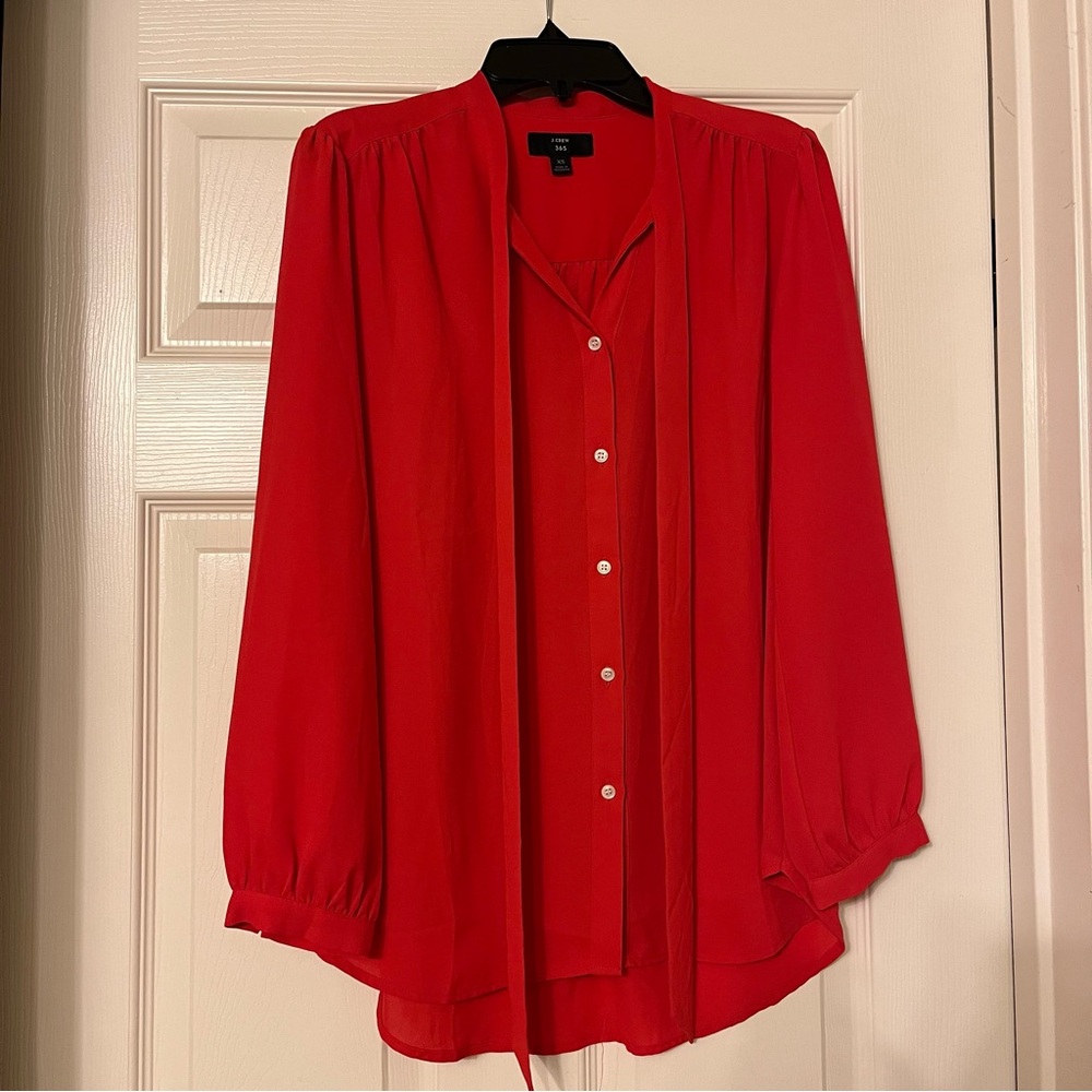 NWOT J. Crew Red Bow Tie Button Up Blouse XS - Picture 4 of 9